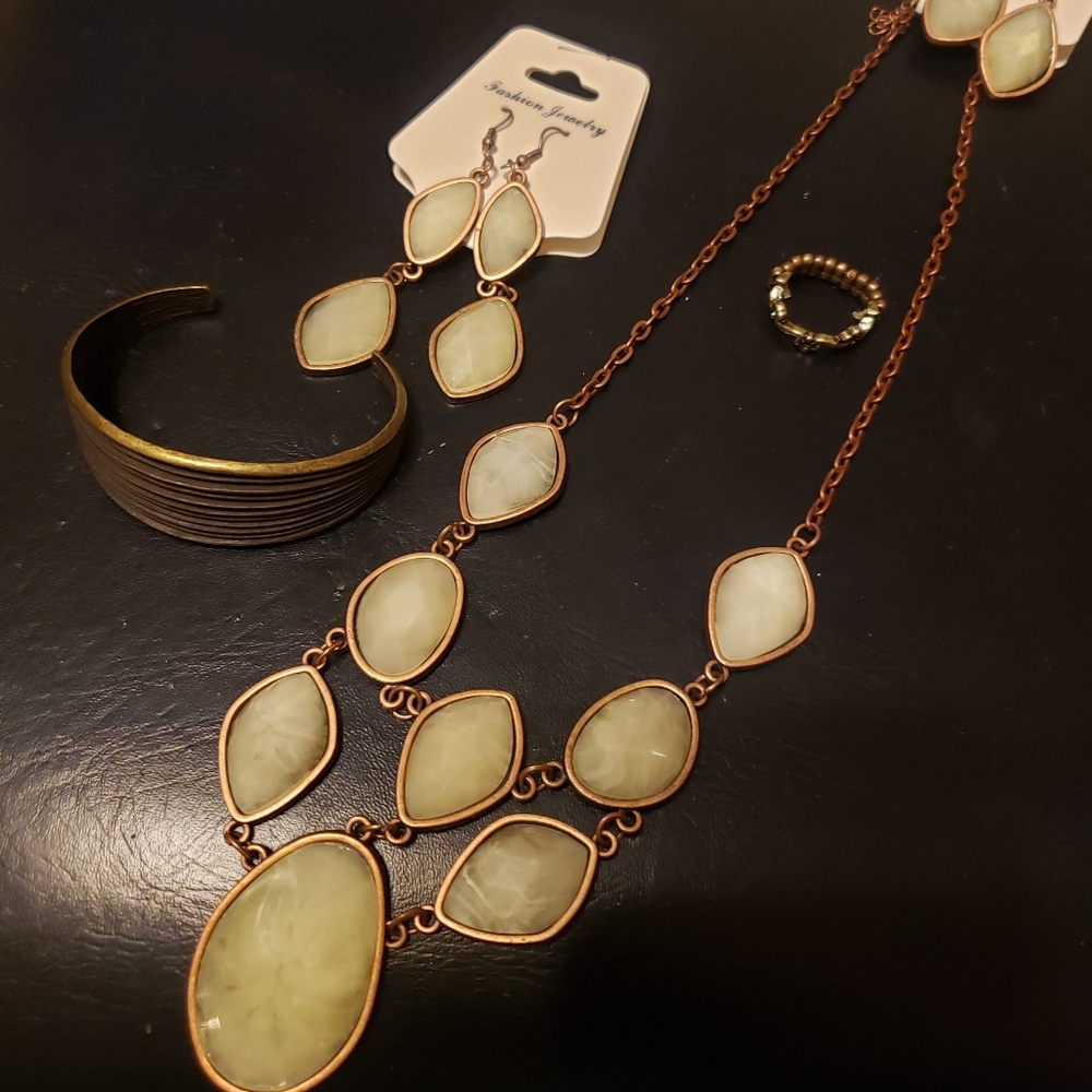 Brass Cream Stone Necklace Set